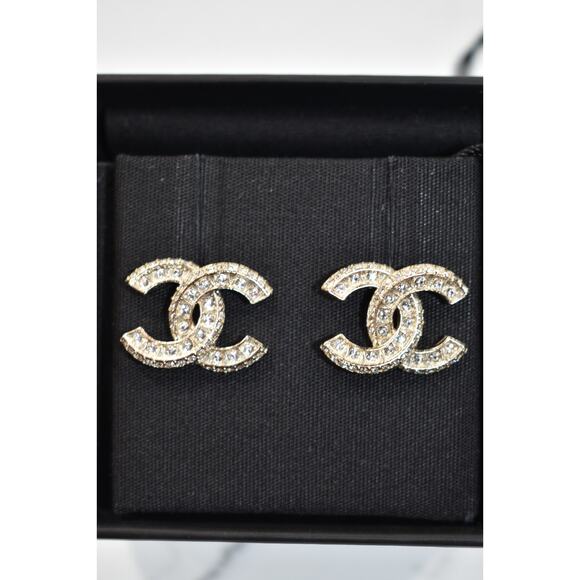 Chanel REV Gold Transparent Crystal CC Logo Classic Statement Stud Drop Earrings - Picture 3 of 11